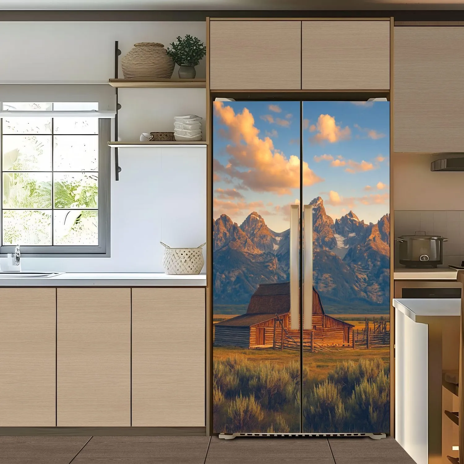 Self Adhesive Vinyl Refrigerator Wrap Set Moulton Barn Tetons Morning Light Door Mural Removable Fridge Sticker Peel and Stick Decal Rustic Kitchen Decor