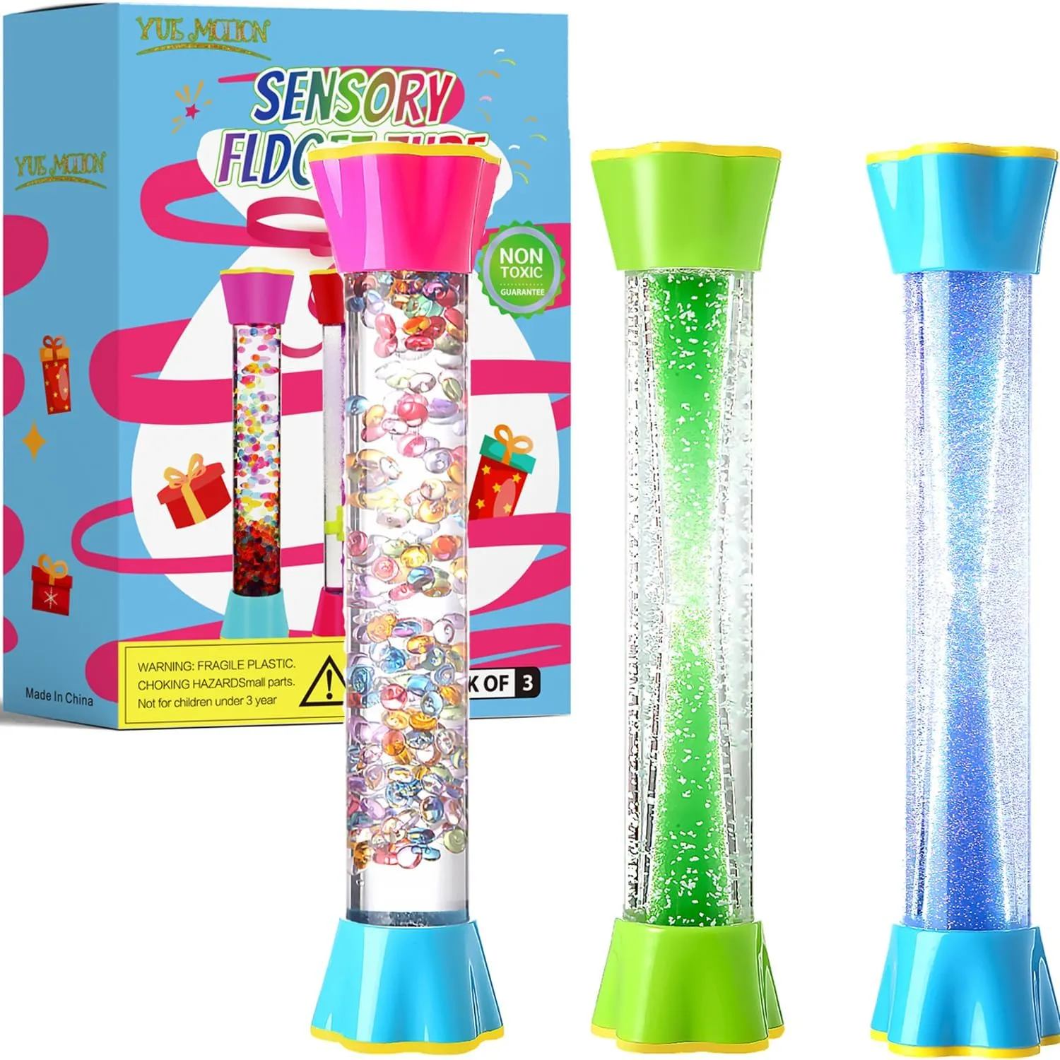 Sensory Fidget Tubes Set - Calming Toys for Kids - with Glitter Bottle, Gravity Spinner, Bubble Drop Spiral Hourglass - Promotes Calmness & Independent Play (3 Pack-Style#2, 3)