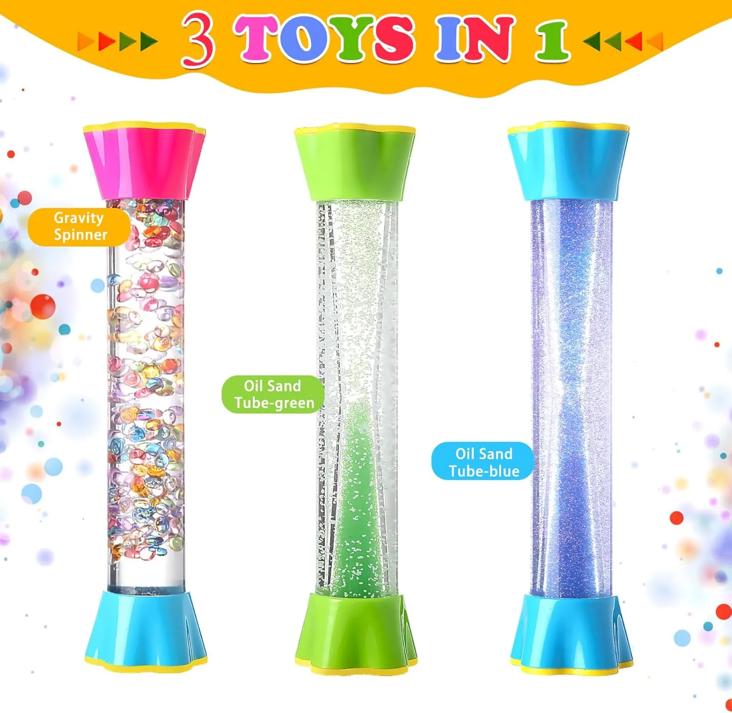 Sensory Fidget Tubes Set - Calming Toys for Kids - with Glitter Bottle, Gravity Spinner, Bubble Drop Spiral Hourglass - Promotes Calmness & Independent Play (3 Pack-Style#2, 3)