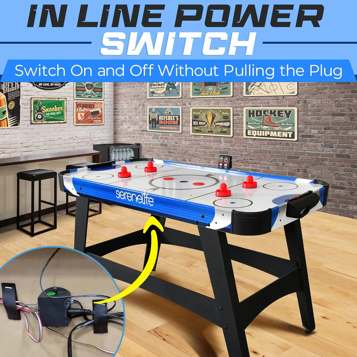 SereneLife 54" Air Hockey Game Table with 2X Stronger Motor, Light-up Scoreboard, AC in Line Power Switch Includes 2 Pucks, 2 Pushers