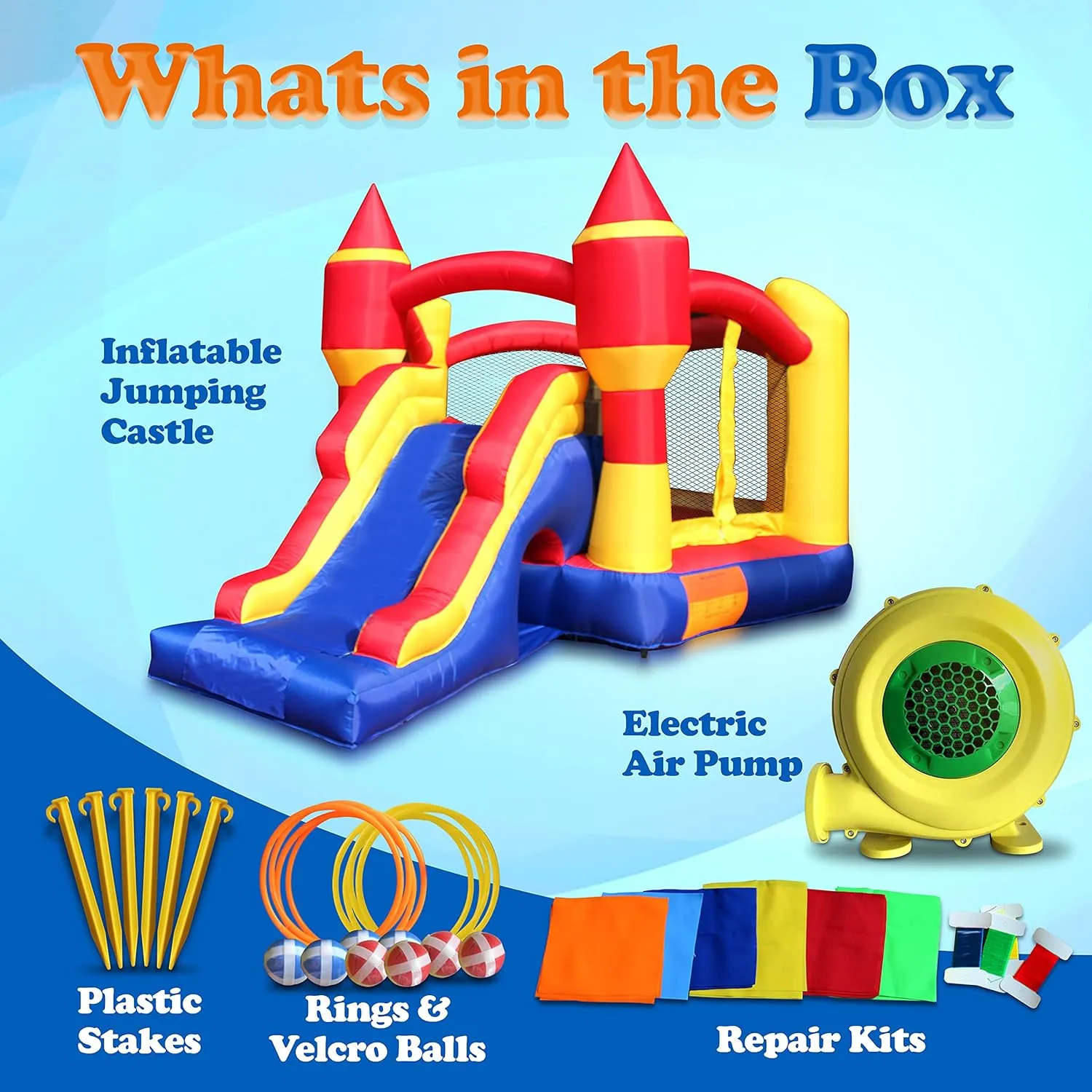 SereneLife Inflatable Bounce House Castle Bouncer - In/Outdoor Portable Jumping Bounce Castle w/Slide, Safety Net - Kids Castle Party Bounce House - Ocean Balls, Air Pump, Carry Bag -SLIB970