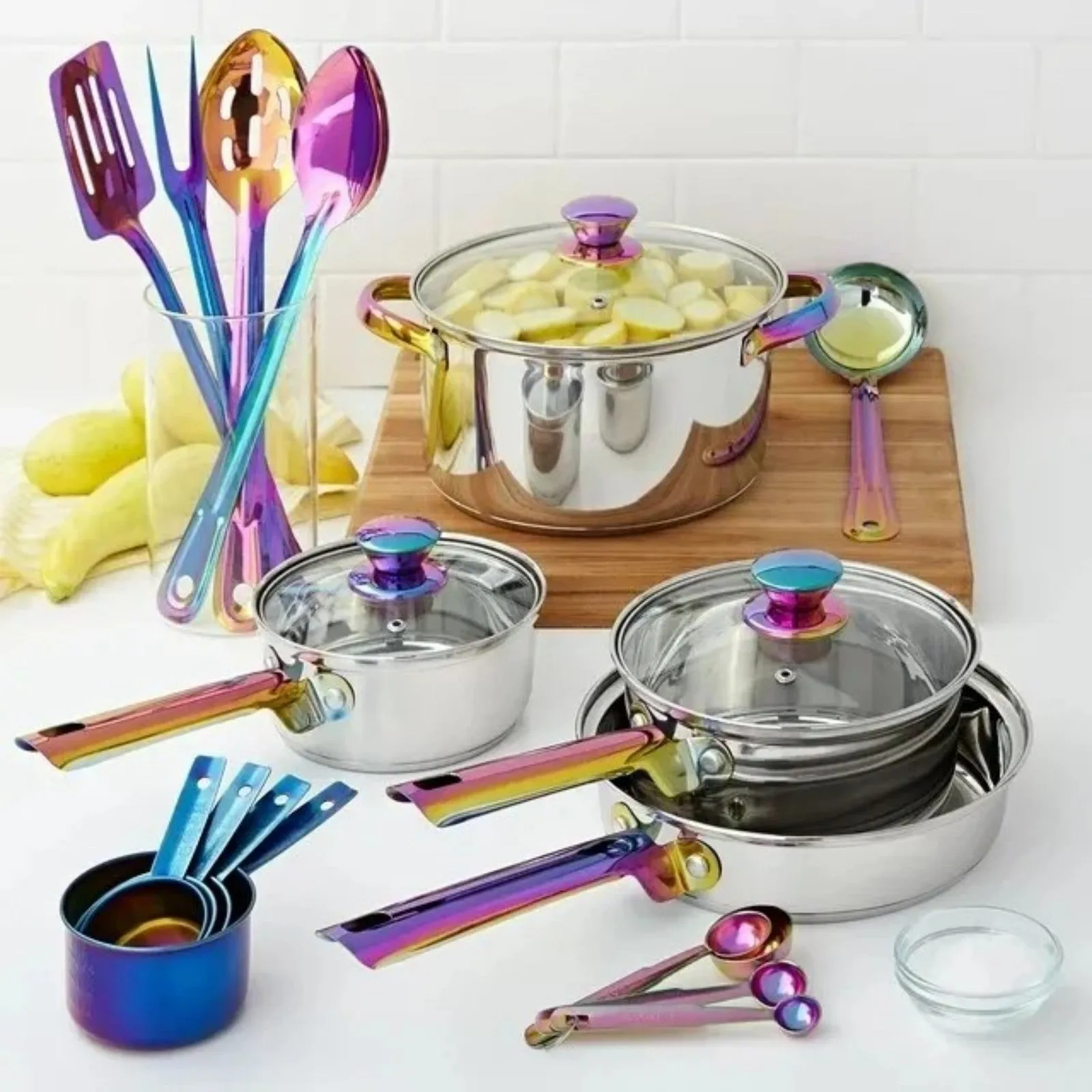 Set, 20-Piece Tools Cookware and Utensils Kitchen Stock-clearance Iridescent with Steel LunaLulinlk Stainless Wholesale pricing