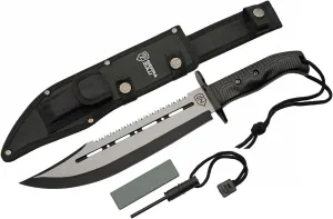Sierra Zulu Survival Hunting Knife with Sheath - 10.5” Fixed Blade Tactical Bowie Knife, Clip Point with Serrated Back Edge - Includes Sharpener and Fire Starter for Camping, Bushcraft