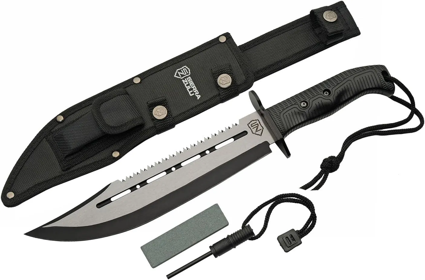Sierra Zulu Survival Hunting Knife with Sheath - 10.5” Fixed Blade Tactical Bowie Knife, Clip Point with Serrated Back Edge - Includes Sharpener and Fire Starter for Camping, Bushcraft