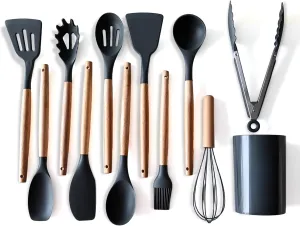 Silicone Cooking Utensil Set,12 PCS Cooking Cookware Kitchen Utensils Set, Nonstick 446°F Heat-Resistant Cookware Kitchen Tools of Spatula,Turner Tongs,Spoon,Brush,Whisk,（Black）