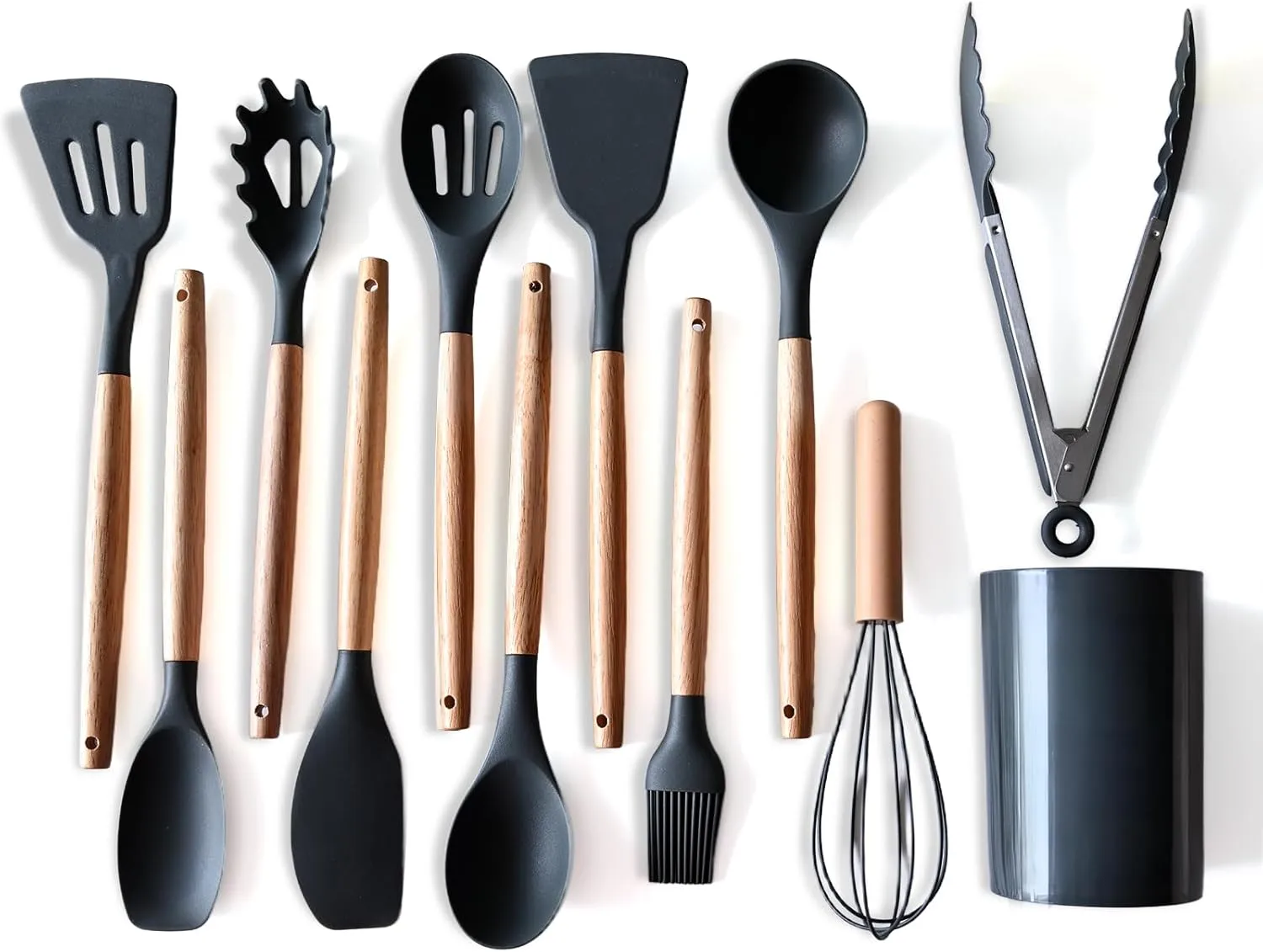 Silicone Cooking Utensil Set,12 PCS Cooking Cookware Kitchen Utensils Set, Nonstick 446°F Heat-Resistant Cookware Kitchen Tools of Spatula,Turner Tongs,Spoon,Brush,Whisk,（Black）
