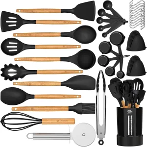 Silicone Kitchen Cooking Utensil Set, Fungun 35 Pcs Kitchen Utensils Spatula Set with Utensil Holder for Nonstick Cookware, BPA Free Cooking Utensils, Kitchen Tools Gift (Black)