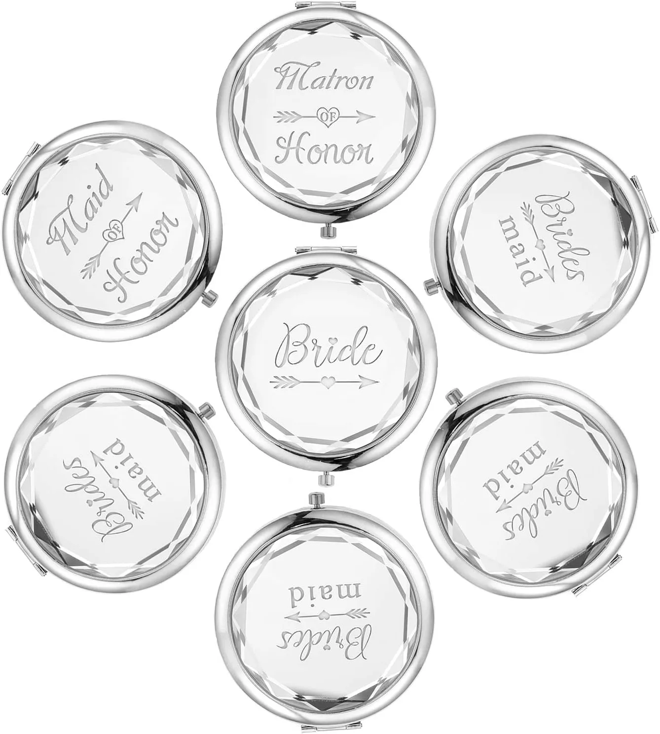 Silver Wedding Bridesmaid Proposal Set - 7 Compact Pocket Mirrors: Bride, Maid of Honor, Matron of Honor, 4 Bridesmaid Mirrors