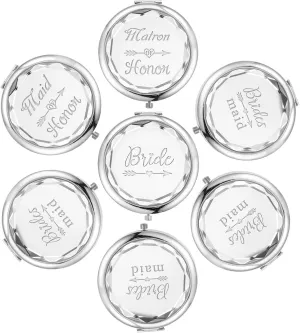 Silver Wedding Bridesmaid Proposal Set - 7 Compact Pocket Mirrors: Bride, Maid of Honor, Matron of Honor, 4 Bridesmaid Mirrors