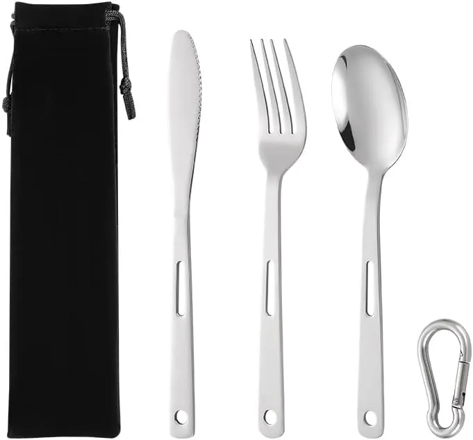 Silverware Flatware Cutlery Set, 3 Piece Set Of Stainless Steel Portable Tableware, Knife, Fork And Spoon, Outdoor Camping Gift, Student Cloth Bag Tableware Set(4Set)