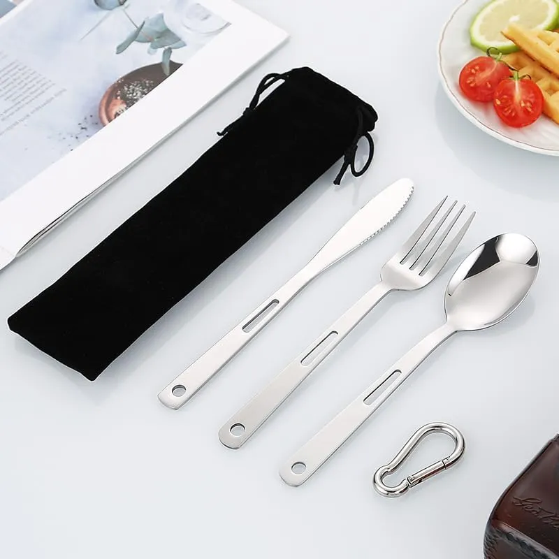 Silverware Flatware Cutlery Set, 3 Piece Set Of Stainless Steel Portable Tableware, Knife, Fork And Spoon, Outdoor Camping Gift, Student Cloth Bag Tableware Set(4Set)