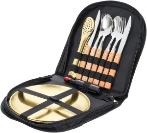 Silverware Flatware Cutlery Set, Outdoor Camping Two-person Tableware Set 304 Stainless Steel Wooden Handle Knife, Fork, Spoon, Steak Clip, Bottle Opener(Brown gold,12Set)