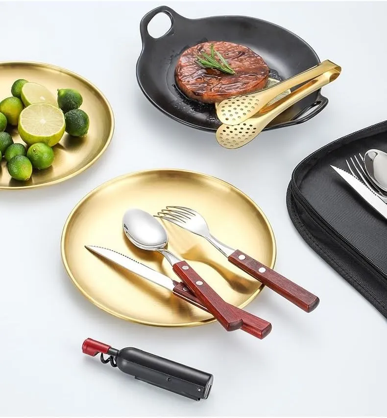 Silverware Flatware Cutlery Set, Outdoor Camping Two-person Tableware Set 304 Stainless Steel Wooden Handle Knife, Fork, Spoon, Steak Clip, Bottle Opener(Brown gold,12Set)