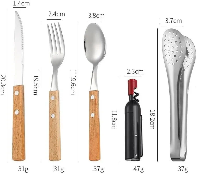 Silverware Flatware Cutlery Set, Outdoor Camping Two-person Tableware Set 304 Stainless Steel Wooden Handle Knife, Fork, Spoon, Steak Clip, Bottle Opener(Brown gold,12Set)