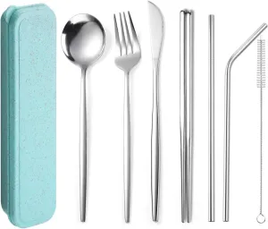 Silverware Flatware Set, Stainless Steel Portable Tableware Set Portuguese Chopsticks Straws Outdoor Camping Knife Fork Spoon(Silver,6Set)