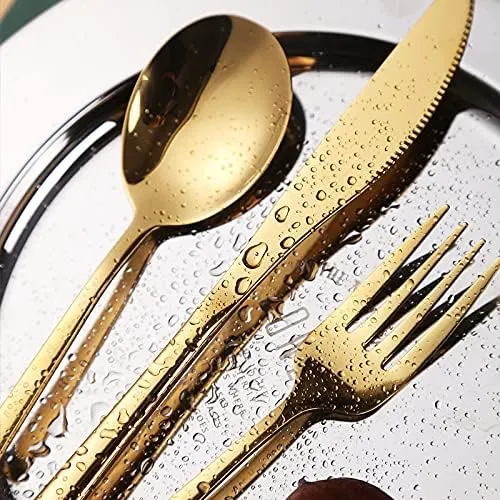 Silverware Set, 18pcs Dinnerware Set 304 Stainless Steel Cutlery Black Gold Camping Tableware Reusable Korean Utensils Spoon Fork Knife Travel BY ZZYY (Color : Black gold)