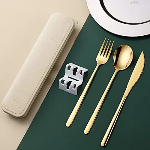 Silverware Set, 18pcs Dinnerware Set 304 Stainless Steel Cutlery Black Gold Camping Tableware Reusable Korean Utensils Spoon Fork Knife Travel BY ZZYY (Color : Black gold)