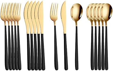 Silverware Set, 18pcs Dinnerware Set 304 Stainless Steel Cutlery Black Gold Camping Tableware Reusable Korean Utensils Spoon Fork Knife Travel BY ZZYY (Color : Black gold)