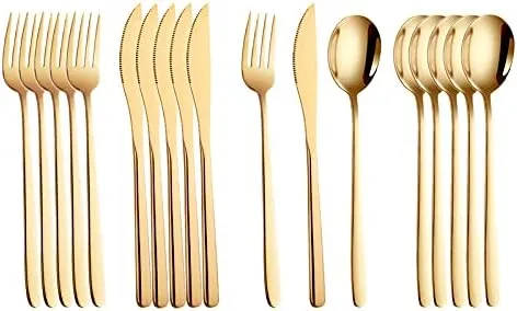 Silverware Set, 18pcs Dinnerware Set 304 Stainless Steel Cutlery Black Gold Camping Tableware Reusable Korean Utensils Spoon Fork Knife Travel BY ZZYY (Color : Black gold)