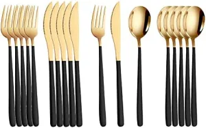 Silverware Set, 18pcs Dinnerware Set 304 Stainless Steel Cutlery Black Gold Camping Tableware Reusable Korean Utensils Spoon Fork Knife Travel BY ZZYY (Color : Black gold)
