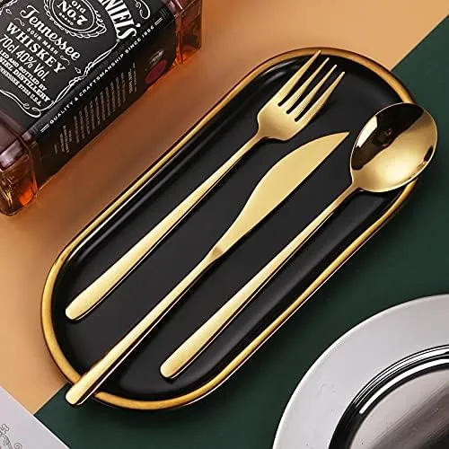 Silverware Set, 18pcs Dinnerware Set 304 Stainless Steel Cutlery Black Gold Camping Tableware Reusable Korean Utensils Spoon Fork Knife Travel BY ZZYY (Color : Black gold)