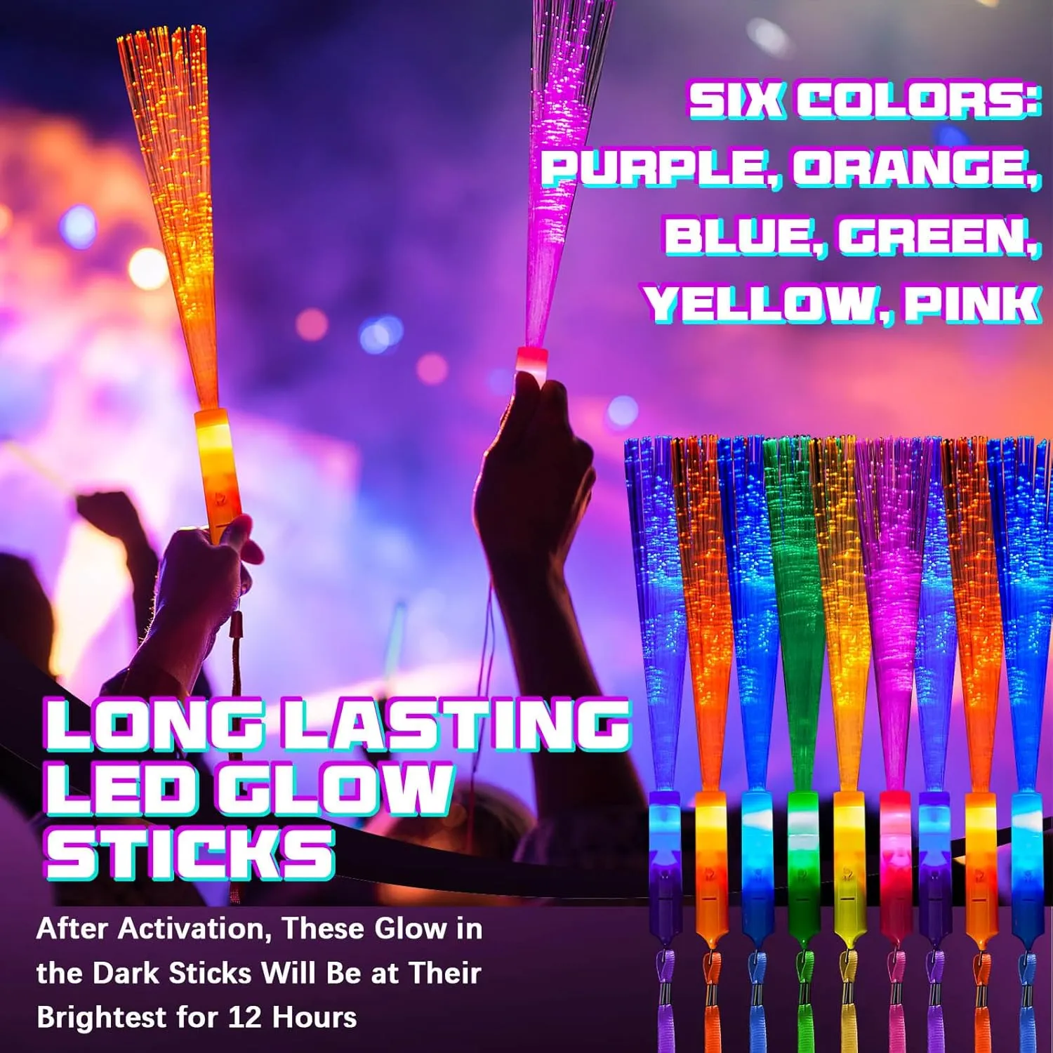 Skylety 36 Pcs Fiber Optic Wand, LED Fiber Optic Wand with 3 Light Modes, Glow Sticks Bulk Flashing Sticks Included Batteries for Wedding Festive Birthday Bar Dj Graduation Party Supply(Bright Color)