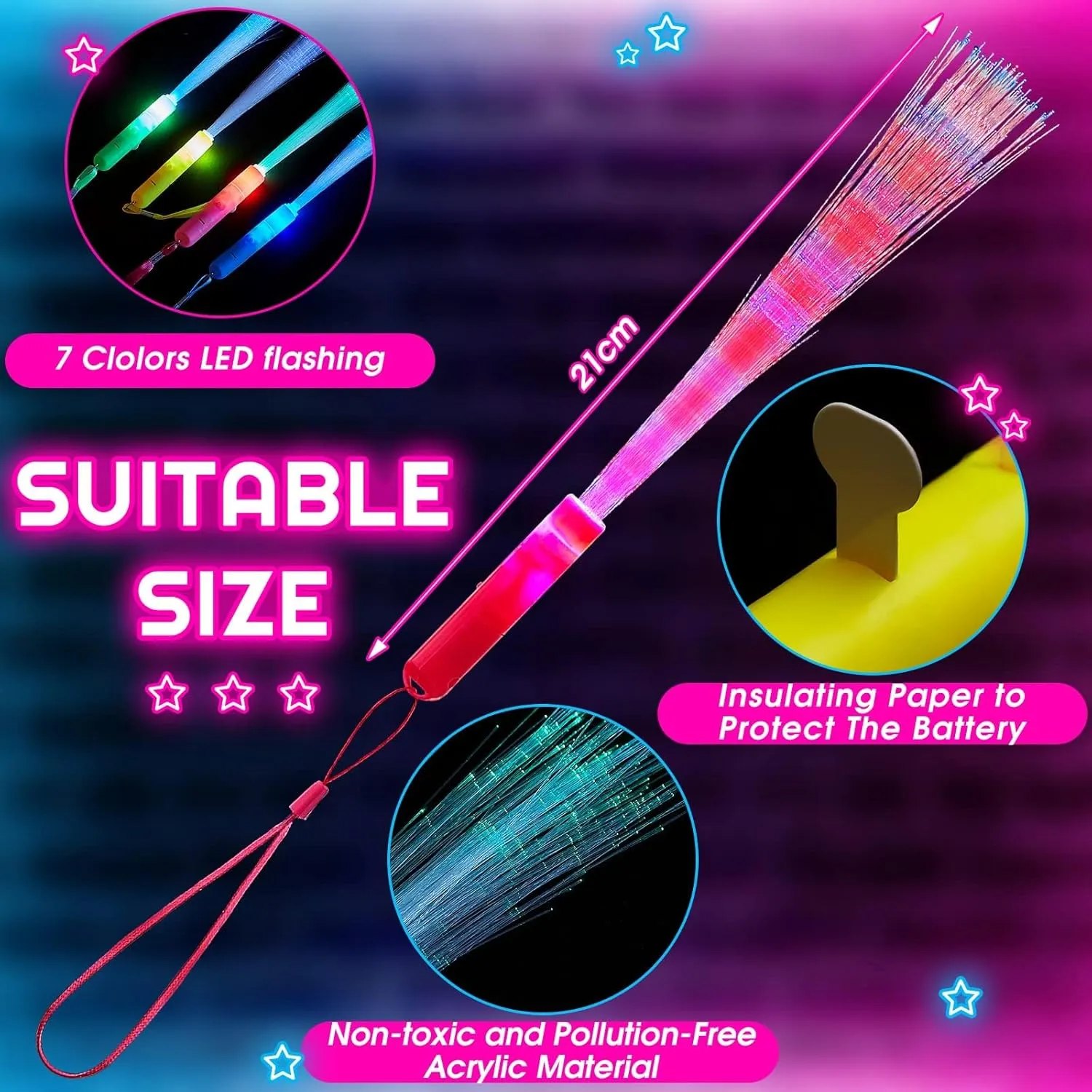 Skylety 36 Pcs Fiber Optic Wand, LED Fiber Optic Wand with 3 Light Modes, Glow Sticks Bulk Flashing Sticks Included Batteries for Wedding Festive Birthday Bar Dj Graduation Party Supply(Mixed Color)