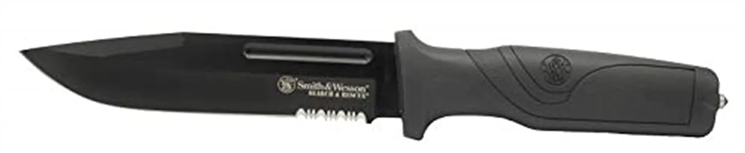 Smith & Wesson Search and Rescue 11in High Carbon S.S. Fixed Blade Knife with 6in Serrated Drop Blade and Rubberized Handle for Outdoor Survival and EDC,Black
