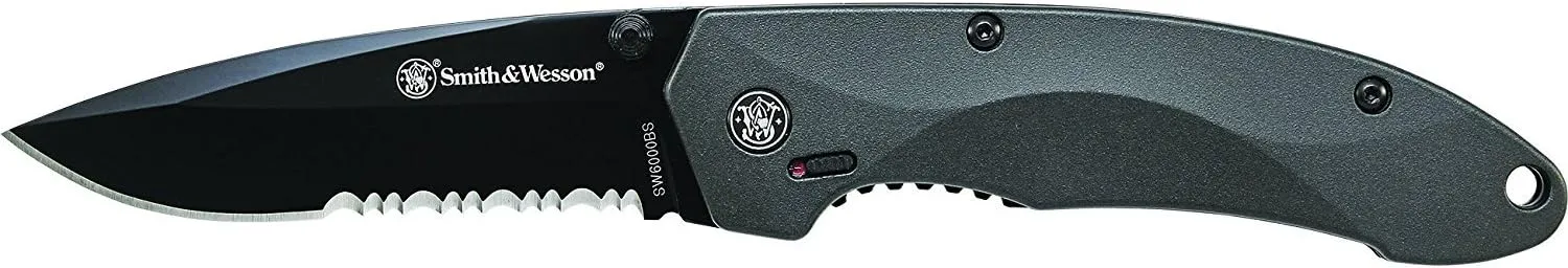 Smith & Wesson SW6000B 7.7in S.S. Assisted Opening Knife with 3.3in Serrated Drop Point Blade and Aluminum Handle for Outdoor, Tactical, Survival and EDC