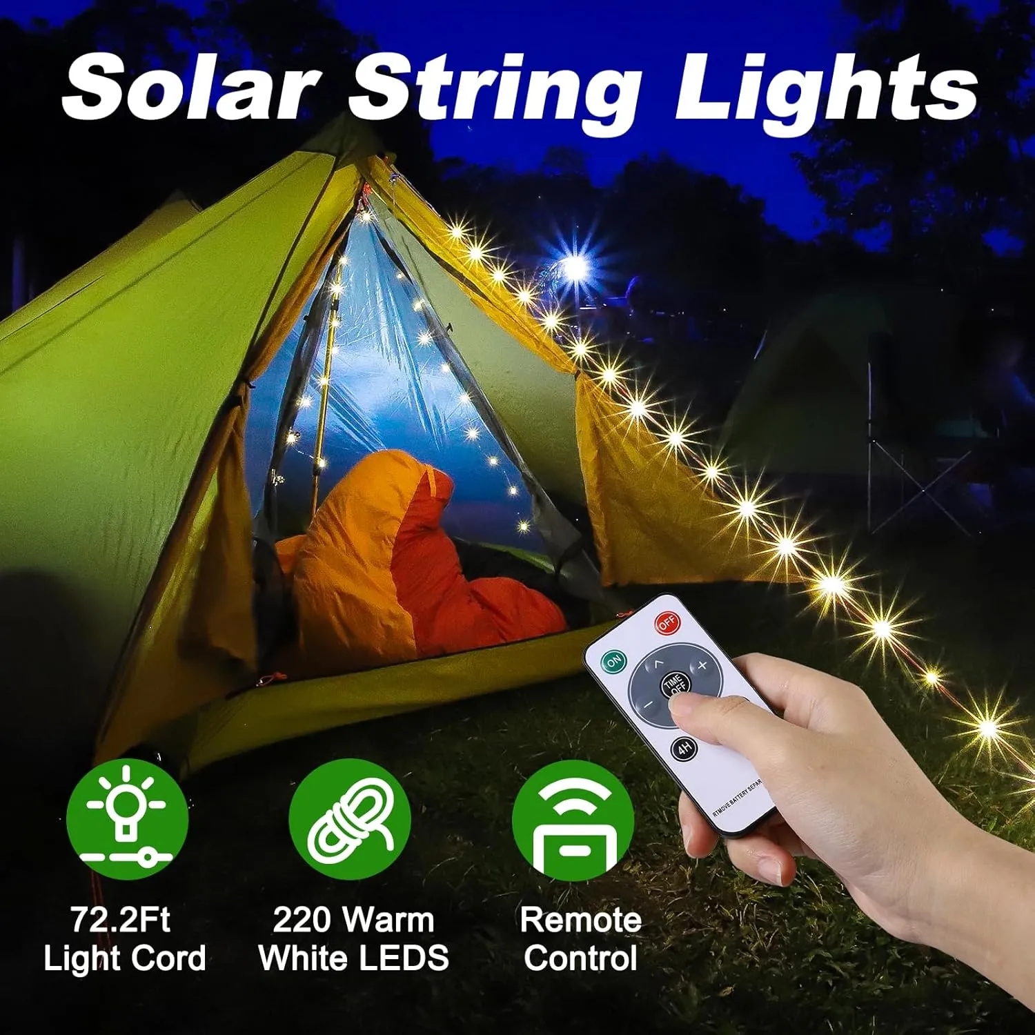 SMY Lighting 4 in 1 Solar Camping String Lights, 72.2Ft Ultra Long String with 220LEDs, Solar Powered and USB Rechargeable Light with Remote Control, Portable Camping Light for Hiking, Decorations