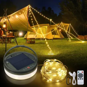 SMY Lighting 4 in 1 Solar Camping String Lights, 72.2Ft Ultra Long String with 220LEDs, Solar Powered and USB Rechargeable Light with Remote Control, Portable Camping Light for Hiking, Decorations