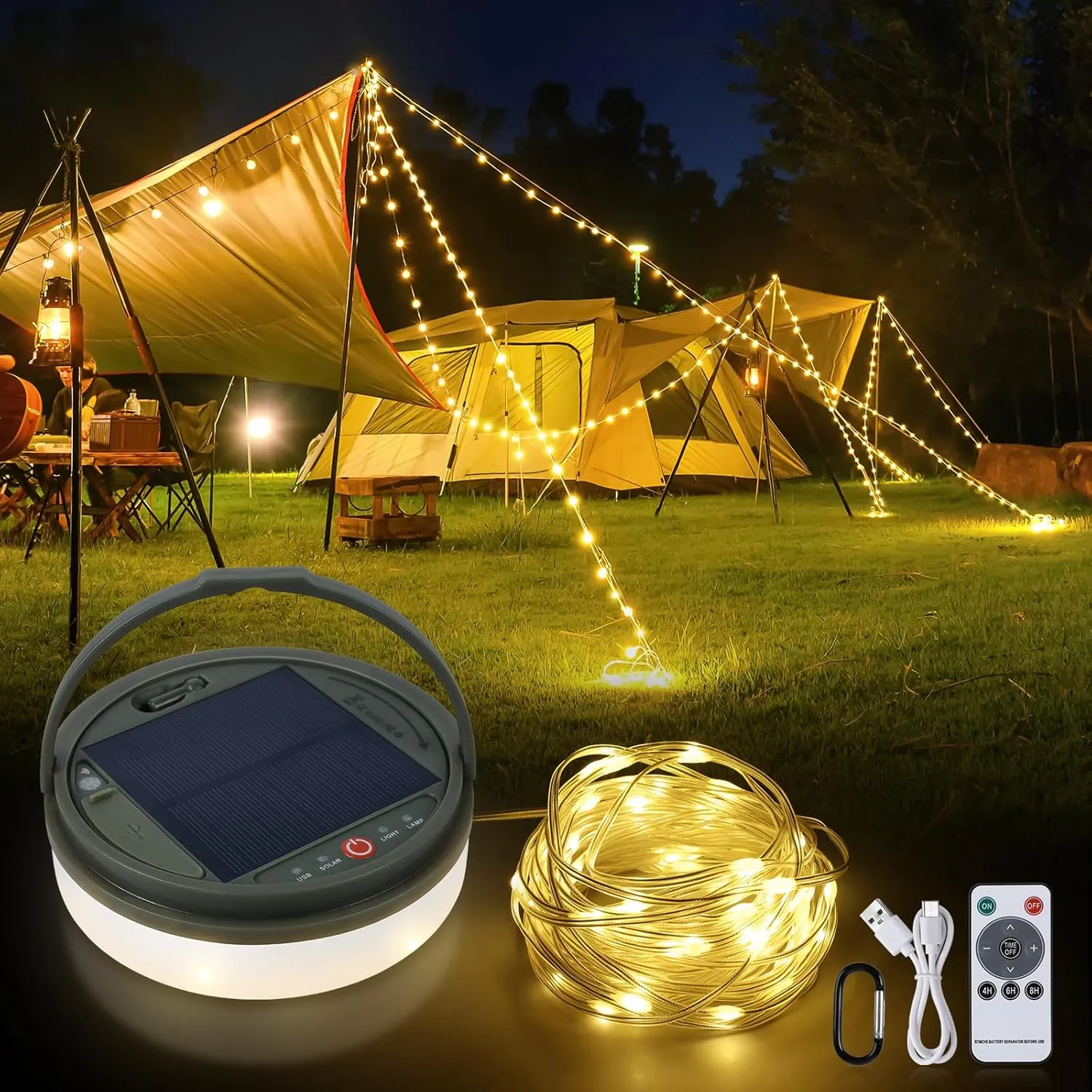 SMY Lighting 4 in 1 Solar Camping String Lights, 72.2Ft Ultra Long String with 220LEDs, Solar Powered and USB Rechargeable Light with Remote Control, Portable Camping Light for Hiking, Decorations