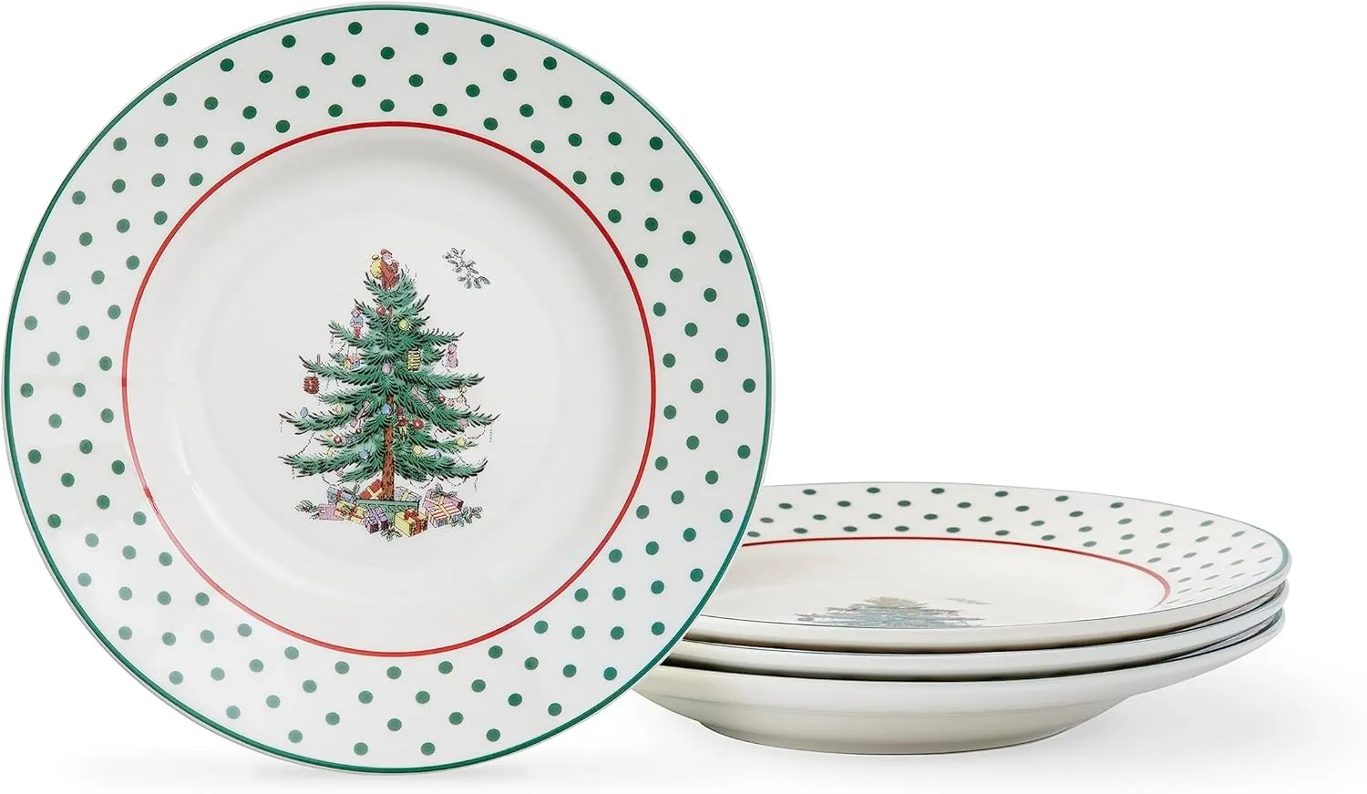 Spode Christmas Tree 6" Polka Dot Tidbit Plates (Set of 4) - Round Appetizer Plates with Festive Polka Dot Border - Dishwasher, Microwave, Freezer Safe Porcelain for Holiday Entertaining