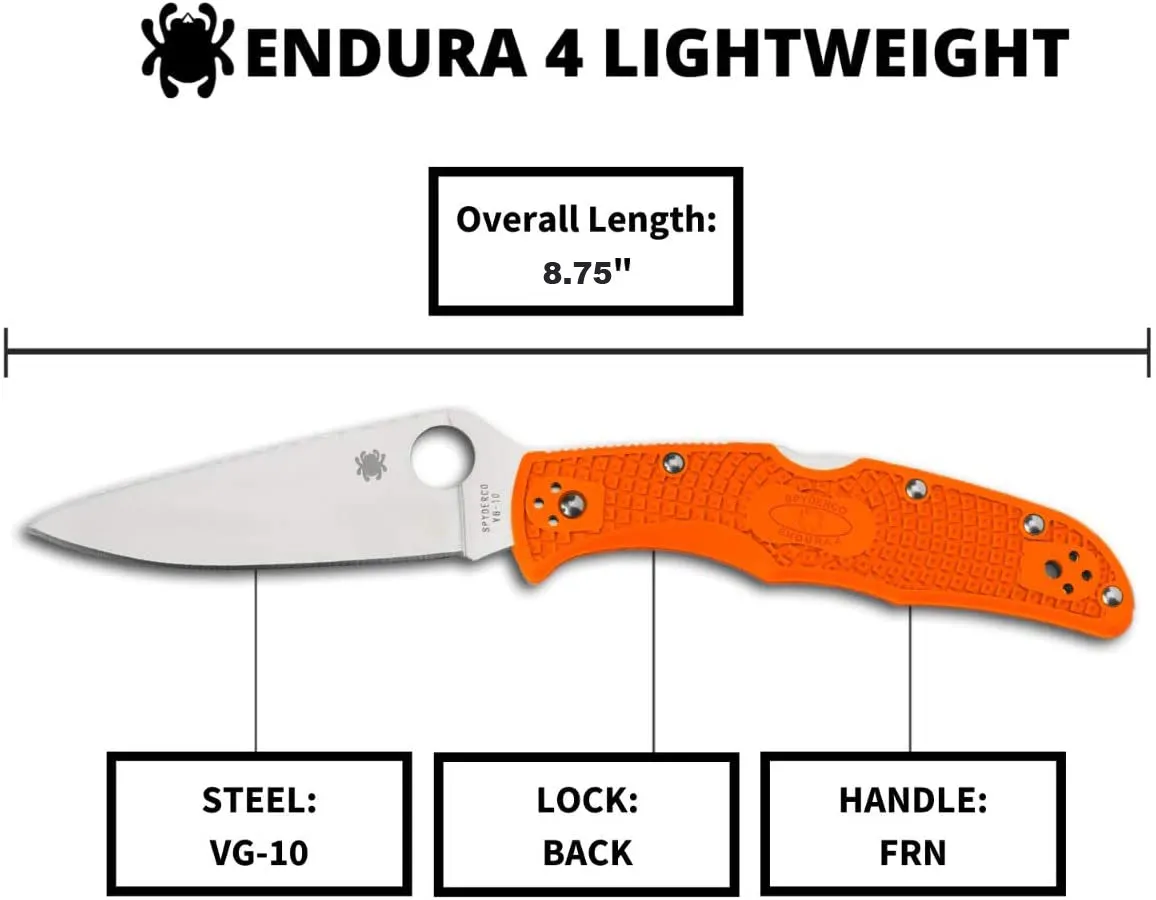 Spyderco Endura 4 FRN Flat Ground C10FPOR Orange Folding Plain Edge Pocket Knife