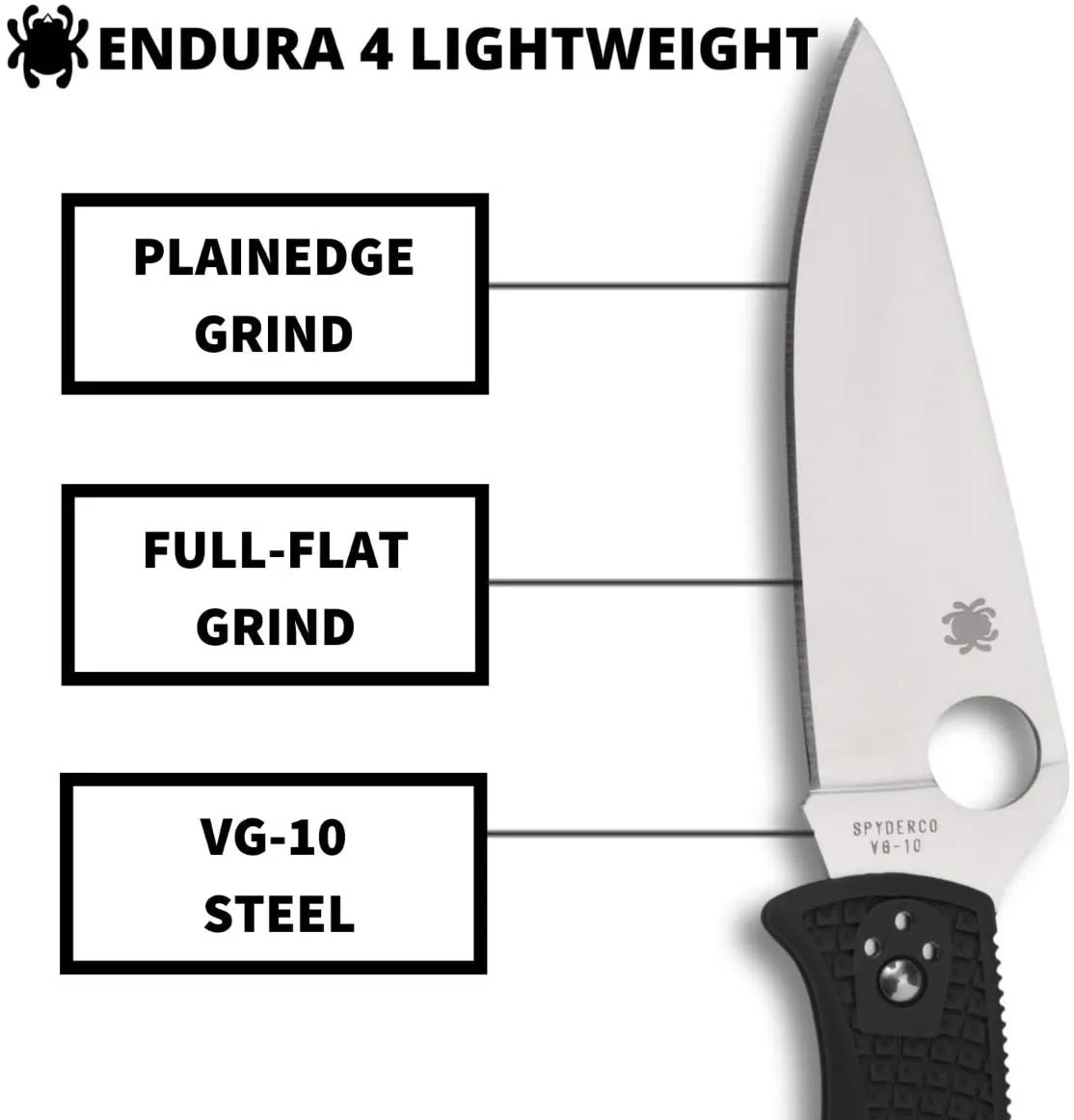 Spyderco Endura 4 Lightweight Black Flat Ground Plain Edge Folding Pocket Knife (C10FPBK)