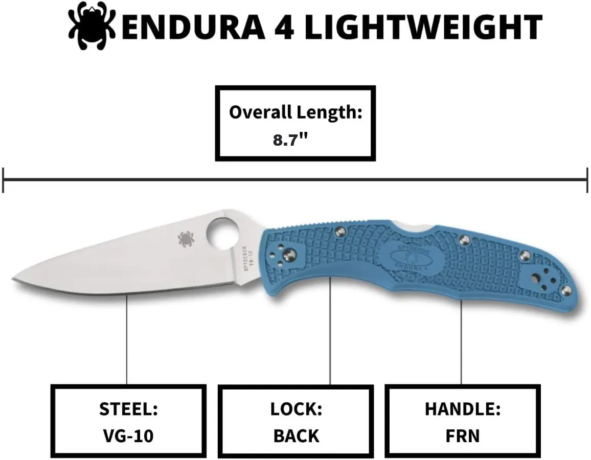 Spyderco Endura 4 Lightweight Blue Flat Ground 3.80" Plain Edge Folding Pocket Knife (C10FPBL)