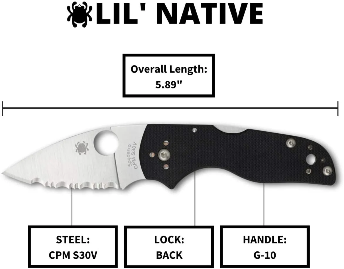 Spyderco Lil Native G-10 Black Mid Back Lock 2.42" Serrated Edge CPM S30V Folding Pocket Knife (C230MBGS)