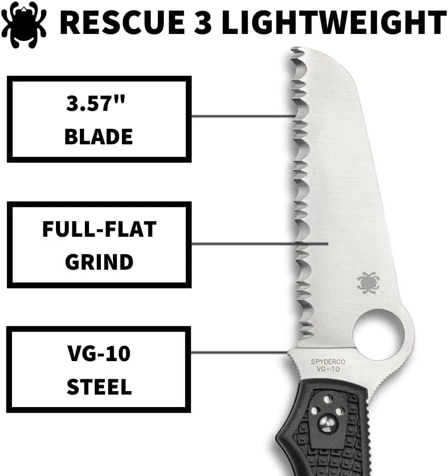 Spyderco Rescue 3 FRN Black 3.57" VG-10 Serrated Folding Pocket Knife (C14SBK3)