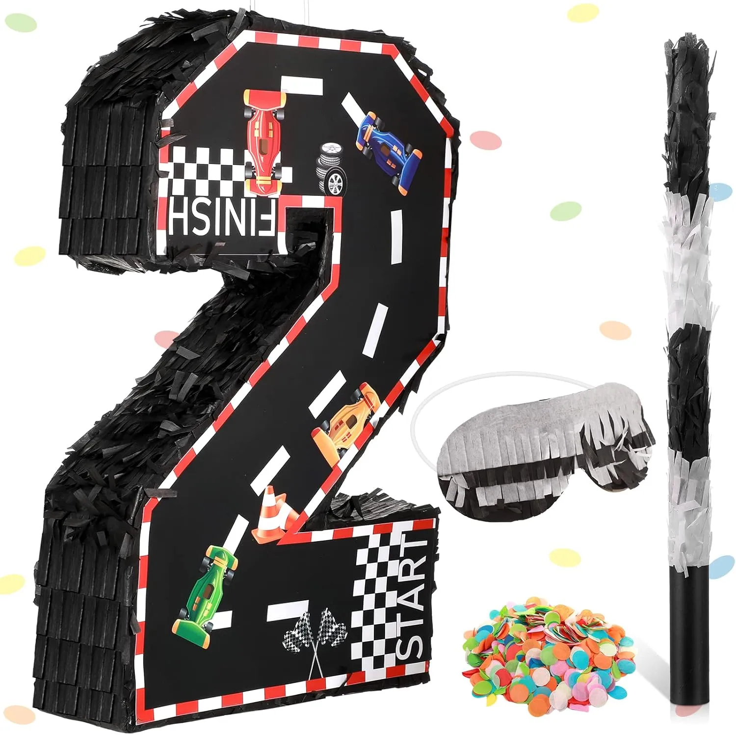 Sratte Race Car Number Piñata Small Racing Piñata with Blindfold Bat and Confetti for Boy Race Car Themed Birthday Anniversary Celebration Party Supplies, 16.1 x 10.6 x 3 Inch (number 2)