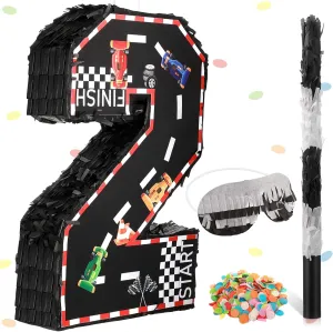 Sratte Race Car Number Piñata Small Racing Piñata with Blindfold Bat and Confetti for Boy Race Car Themed Birthday Anniversary Celebration Party Supplies, 16.1 x 10.6 x 3 Inch (number 2)