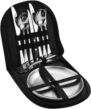 Stainless steel outdoor tableware set camping picnic knife, fork and spoon disk set outdoor portable tableware