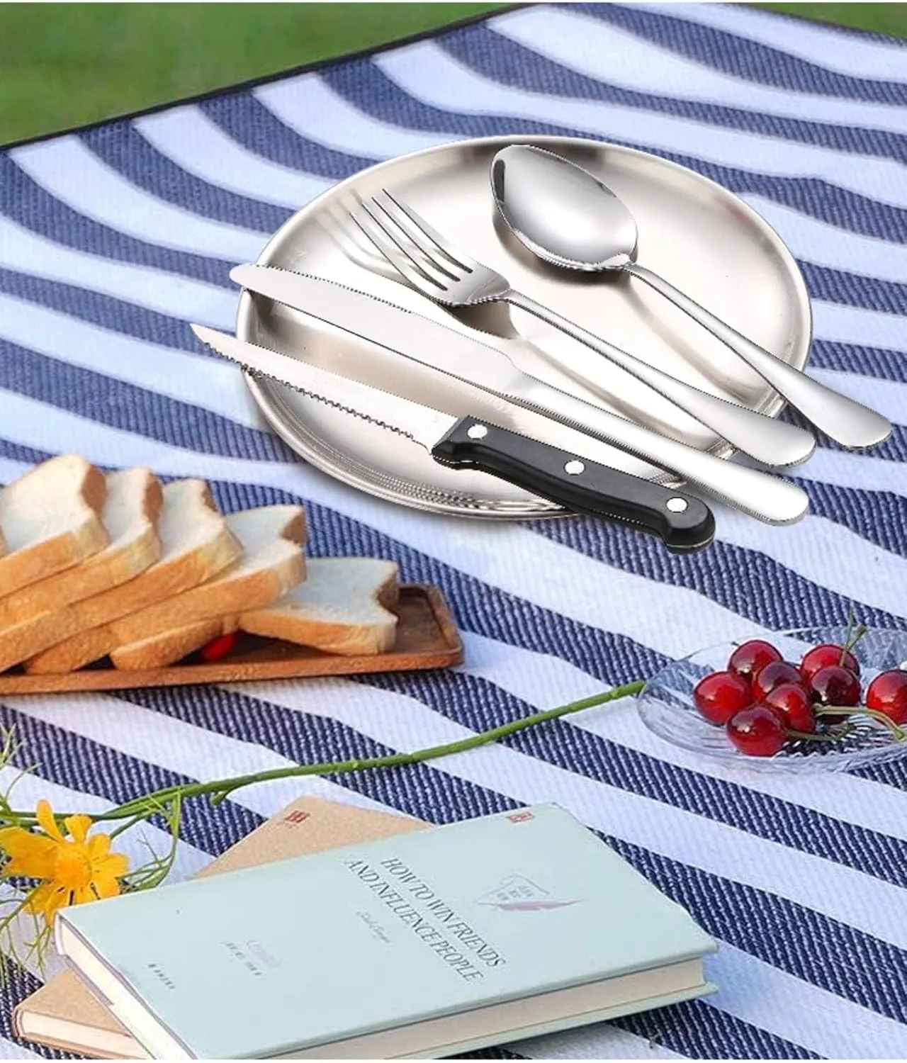 Stainless steel outdoor tableware set camping picnic knife, fork and spoon disk set outdoor portable tableware