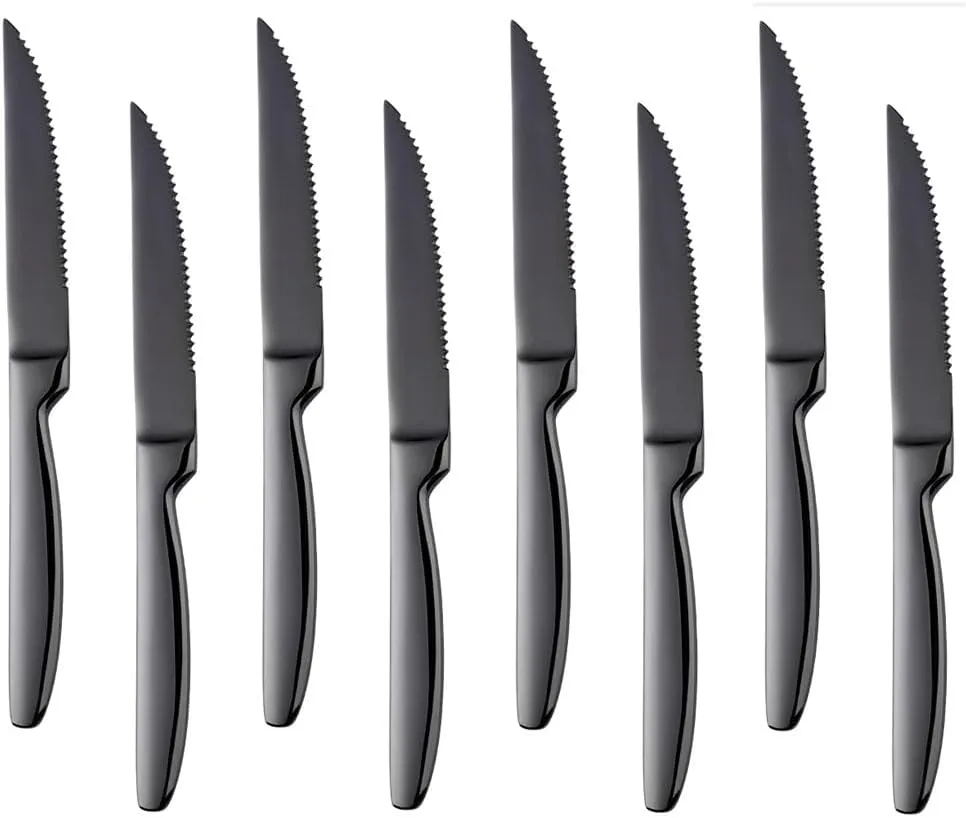 Stainless Steel Steak Knives set of 8 Serrated Steak Knife Sets with Sharp Blade, 8.66 Inches(22 CM) Silverware Cutlery Table Knives for Steak (Black)