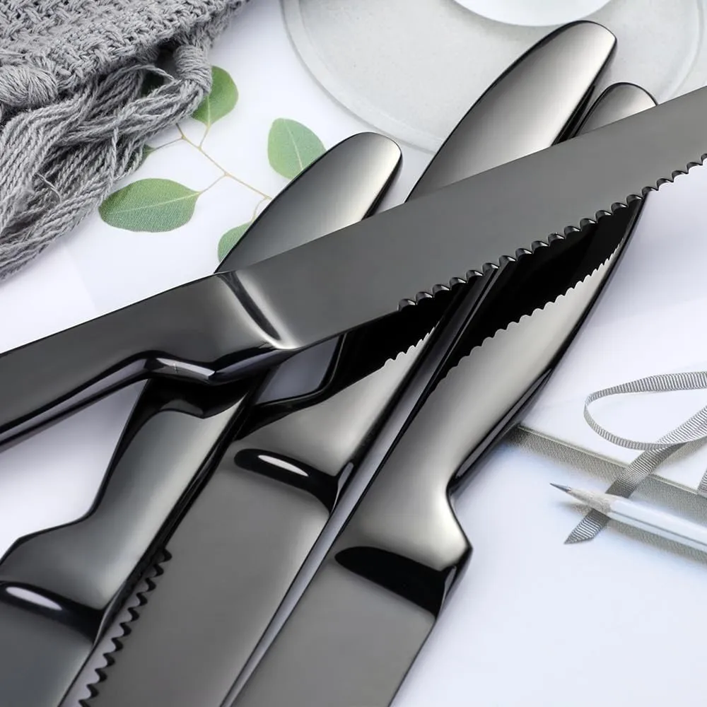 Stainless Steel Steak Knives set of 8 Serrated Steak Knife Sets with Sharp Blade, 8.66 Inches(22 CM) Silverware Cutlery Table Knives for Steak (Black)