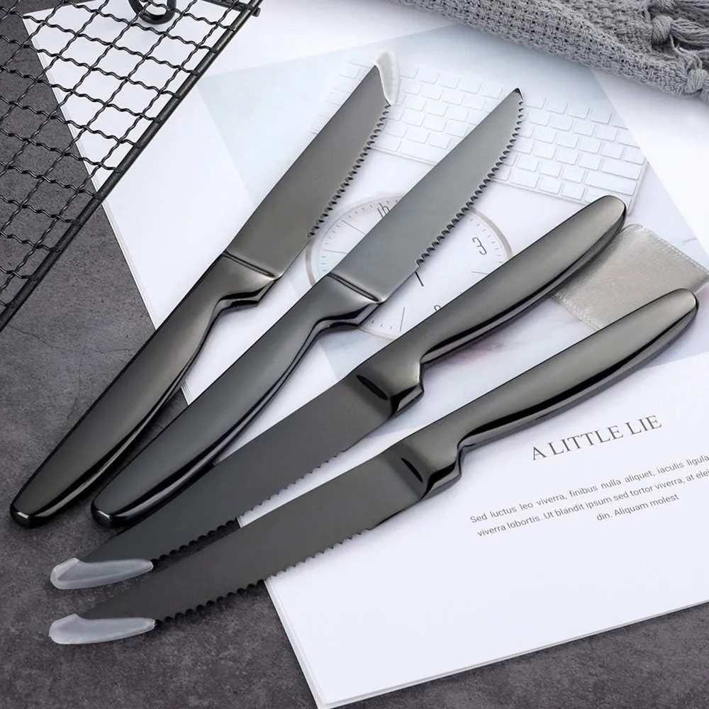 Stainless Steel Steak Knives set of 8 Serrated Steak Knife Sets with Sharp Blade, 8.66 Inches(22 CM) Silverware Cutlery Table Knives for Steak (Black)