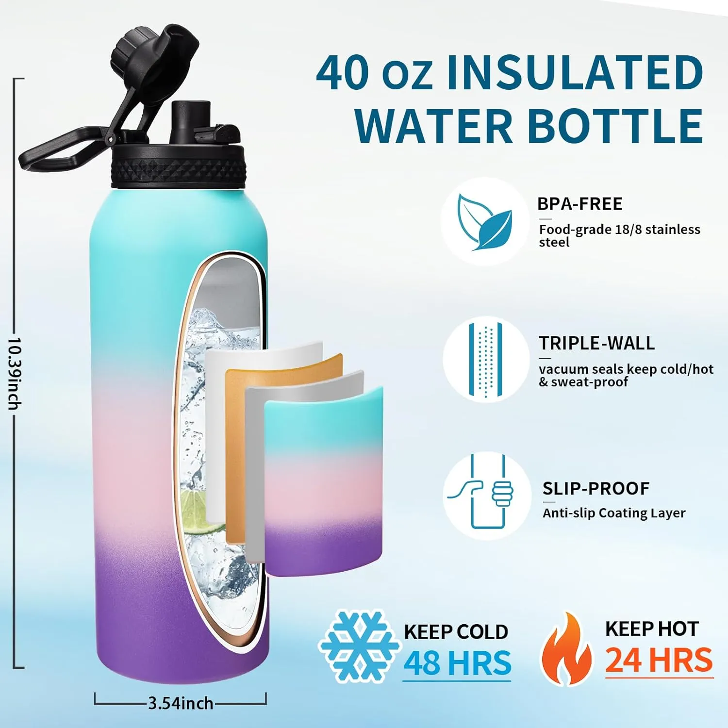 Stainless steel Water Bottle 40OZ - with Straw & Spout Lids, Paracord Handle, Shoulder Carrier Bag, Vacuum Insulated Water Jug, Leak Proof Metal Waterbottle for Sports Gym Yoga Workout Travel Hiking