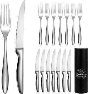 Steak Fork Set of 8, Forks and Knives Set, 16-Piece Steak Cutlery Set, Serrated Steak Knives with Forks, Dishwasher