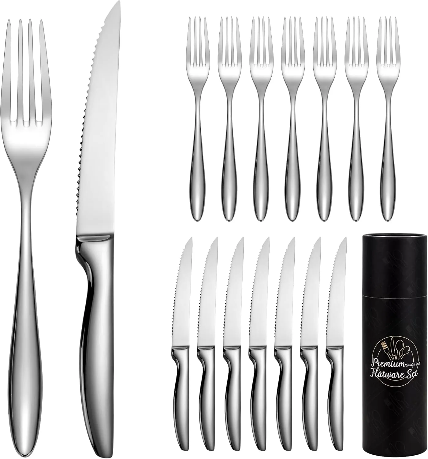 Steak Fork Set of 8, Forks and Knives Set, 16-Piece Steak Cutlery Set, Serrated Steak Knives with Forks, Dishwasher