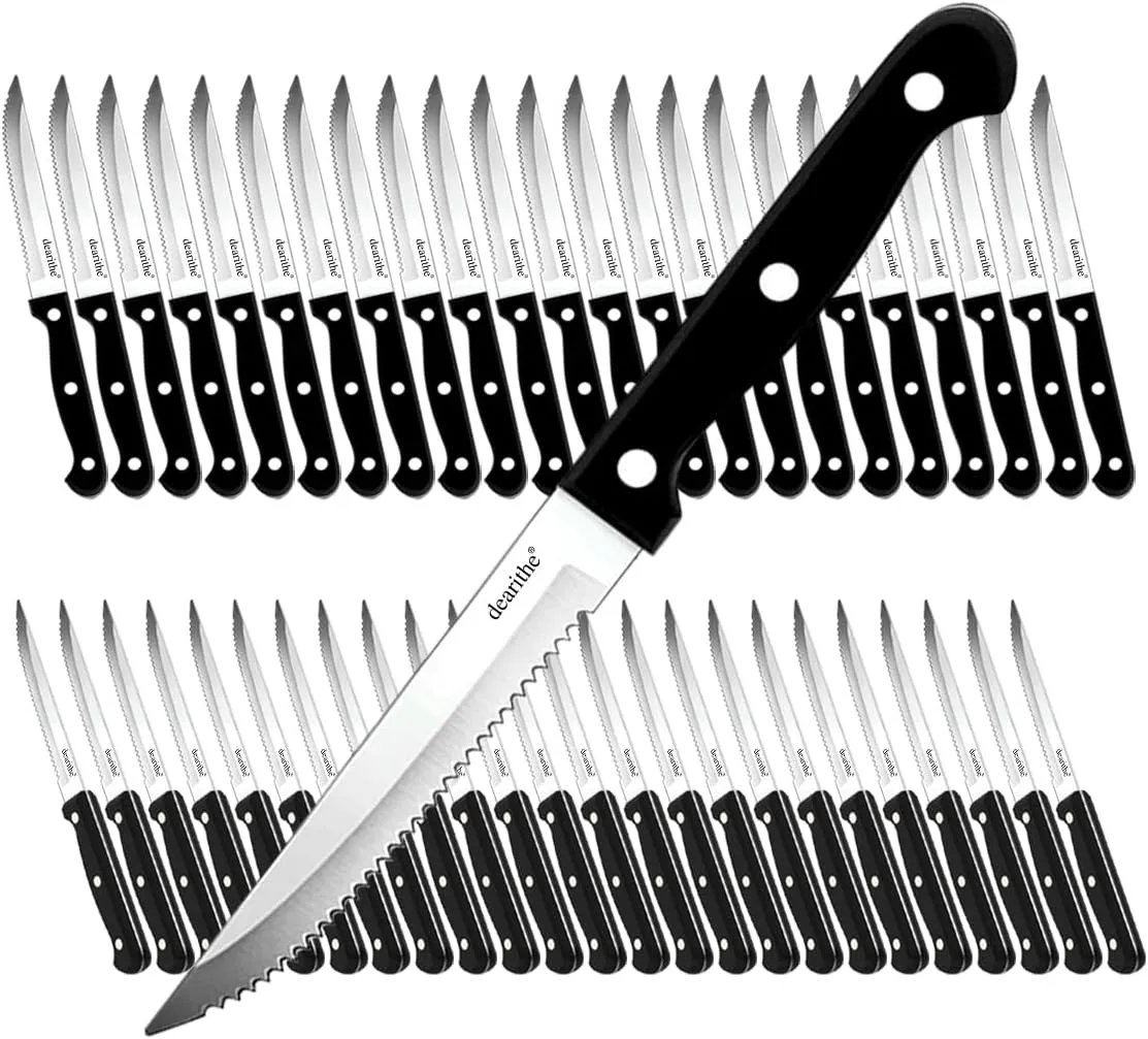 Steak Knives Set of 48,steak knives bulk, Black Full-Tang and Triple Rivet Serrated Steak Knife Set,Stainless Steel Sharp Blade,4.5 In, For Restaurant Kitchen Camping