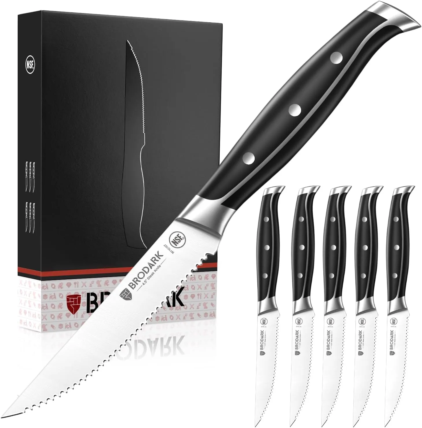 Steak Knives Set of 6: 4.5 Inch Serrated Steak Knives with Full Tang Handle - High Carbon Stainless Steel Steak Knife Set - NSF Certified, Steel-King Series